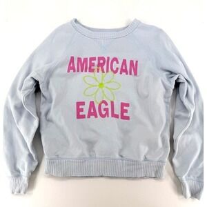 American Eagle Light Blue Sweatshirt Floral Logo Crop XS
